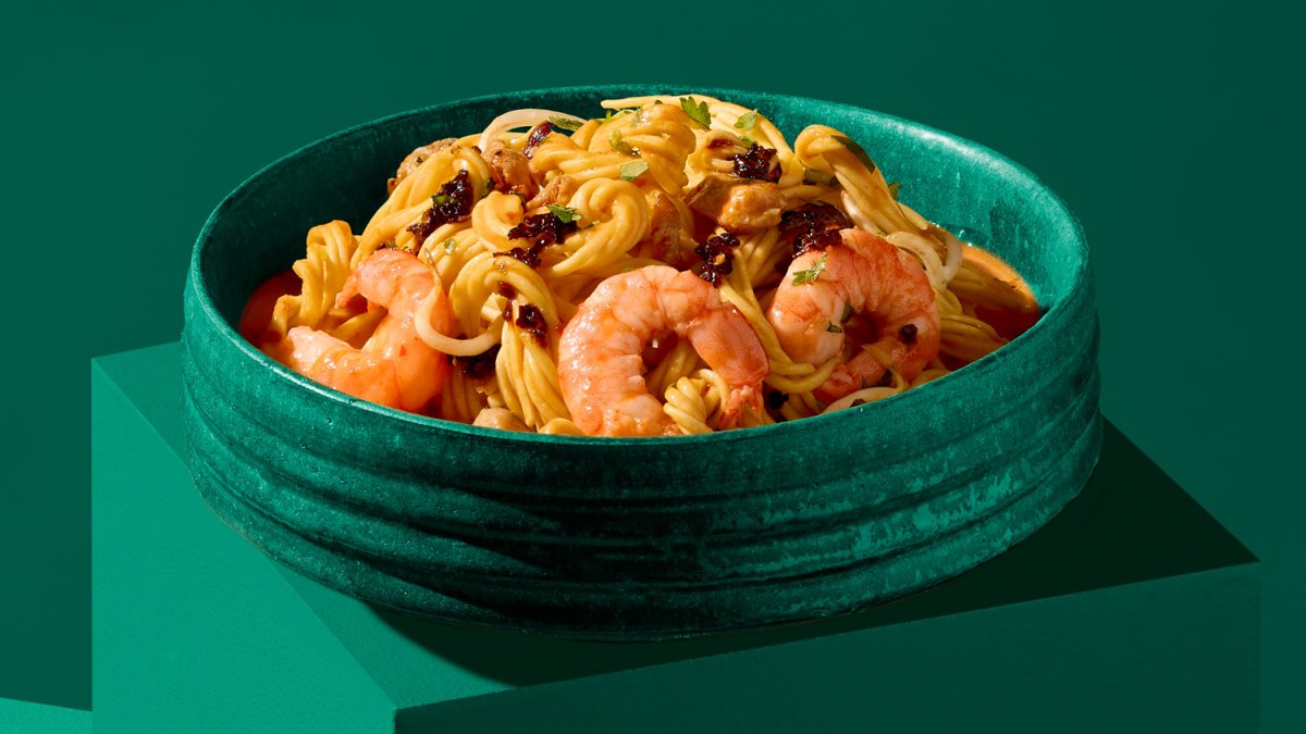 Chicken & Prawn Egg Noodles in Nutty Coconut Sauce