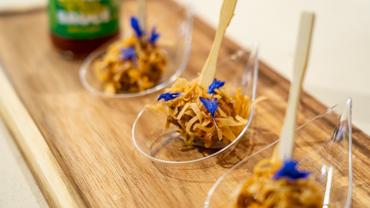 Crispy Nest with Makrut Lime Chicken Blossom and Edamame Beans Canapé
