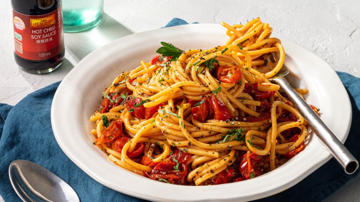 Spaghetti with Roasted Cherry Tomatoes, Spring Onions & Chilli Soy Sauce