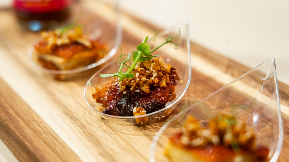 Baked Sesame Chilli Chicken, with Garlic and Onion Relishes Canapé