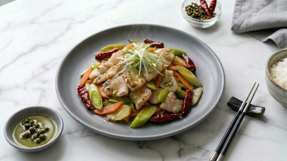 Stir-Fried Sea Bass with Green Peppercorn Oil